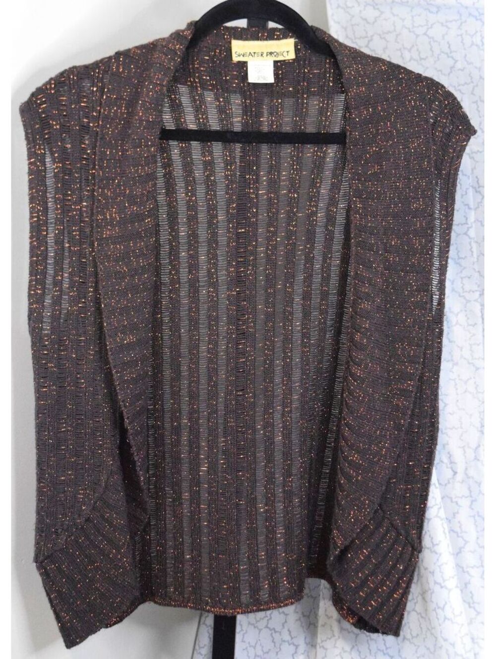 Sweater Project Metallic Copper Shimmer Open Front Sleeveless Cardigan Vest XL